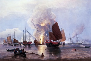 Prima della guerra dell'oppio, 1841. Navi britanniche distruggono una flotta nemica a Canton. Cina, XIX secolo