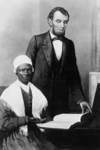 Abraham Lincoln e Sojourner Truth (ex schiava e attivista per i diritti delle donne) in una foto presentata al presidente dalla comunità nera di Baltimora per commemorare la proclamazione di emancipazione