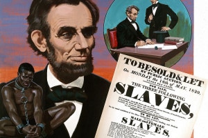 Un dipinto raffigurante il presidente Lincoln con inserti di uno schiavo in catene, un avviso di un'asta di schiavi e Lincoln che firma il proclama di emancipazione con il quale libera gli schiavi negli Stati Confederati il 1 gennaio 1863 a Washington