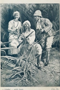 Alla conquista di un impero di Salgàri. Illustrazione con Sandokan, Yanez e Tremal-Naik nella giungla. Edizione Donath, Genova, 1907