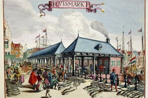 Mercato del pesce a Rotterdam (Paesi Bassi). Incisione a colori, 1694