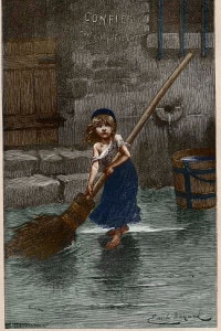 Cosette, illustrazione da "I miserabili" di Victor Hugo, 1862. Incisione del XIX secolo