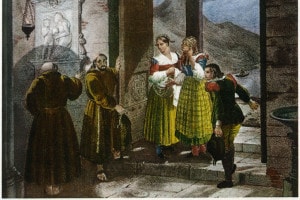 Illustrazione per il romanzo di Manzoni, I promessi sposi: Lucia, Agnese e Renzo si congedano da Fra Cristoforo (Capitolo VIII)