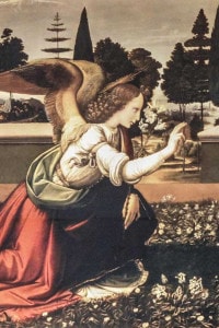 Annunciazione di Leonardo Da Vinci. Particolare dell'arcangelo Gabriele