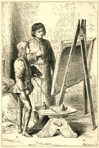 Il giovane Leonardo da Vinci e Andrea del Verrocchio, incisione