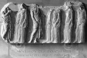 Frammento della processione panatenaica dal fregio del Partenone, nel Museo del Louvre