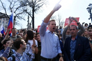 Il leader dell'opposizione russa Aleksej Navalny. Manifestazione anti-Putin non autorizzata il 5 maggio 2018 a Mosca