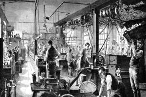 Fabbrica di lampade elettriche. Illustrazione del XIX secolo