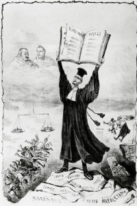 Caricatura di Giuseppe Zanardelli mentre mostra il nuovo codice penale