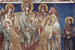 La Madonna con bambino in trono con gli angeli e san Francesco di Cimabue. Assisi, Basilica Inferiore di San Francesco