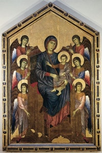 Madonna col bambino in maestà circondata da sei angeli, tempera su tavola, 276x424 cm. L'opera di Cimabue è conservata al Louvre
