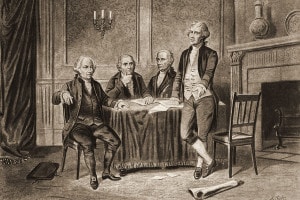 Illustrazione dei padri fondatori degli Stati Uniti, da sinistra: John Adams, Robert Morris, Alexander Hamilton e Thomas Jefferson, 1774