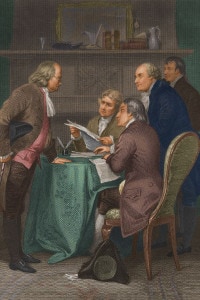 Stesura della Dichiarazione d'Indipendenza americana, 1776. Da sinistra a destra: Benjamin Franklin, Thomas Jefferson, John Adams, Robert Livingston e Roger Sherman