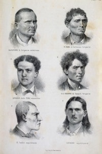 Fisiognomica del viso: esempi. Illustrazione tratta da "L'uomo delinquente" (1876) di Cesare Lombroso, edito da Hoepli, Milano