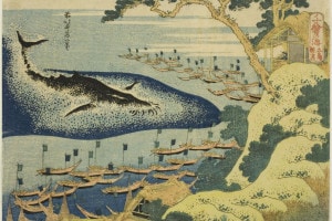 Caccia alla balena al largo delle isole Goto, dalla serie "Mille immagini dell'oceano" di Hokusai. Giappone, c. 1831-33
