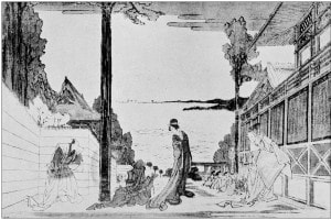 Illustrazione giapponese antica: Scena dello spettacolo Chushingura di Hokusai
