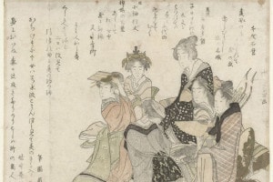 Un gruppo di sei donne, tutte di classe diversa, che rappresentano i sei poeti classici (Rokkasen), Hokusai. Un foglio di calendario (egoyomi) per l'anno 1798