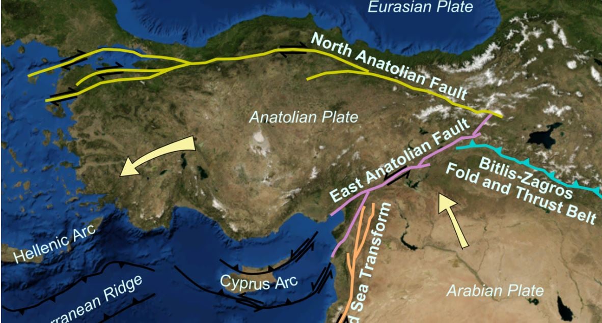 Mappa delle principali strutture tettoniche attorno alla Placca Anatolica