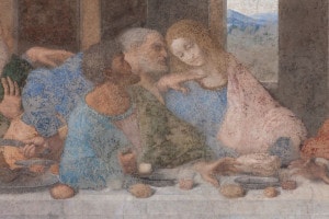 Ultima cena di Leonardo, dettaglio degli apostoli Giuda, Pietro e Giovanni