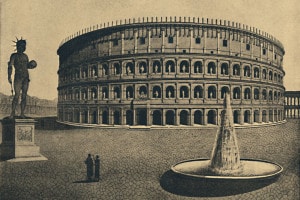 Ricostruzione immaginaria del Colosseo, Meta Sudans e statua in bronzo di Nerone
