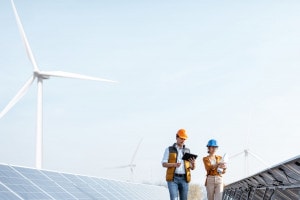 Esperto energia sostenibile: ingegneri al lavoro con pannelli fotovoltaici e pale eoliche