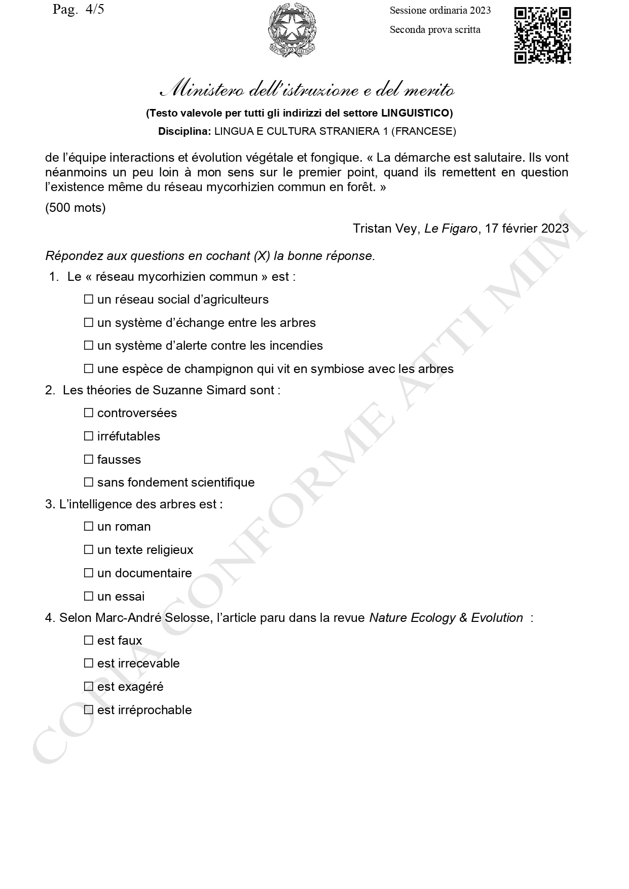 Traccia ufficiale francese, liceo linguistico seconda prova 2023