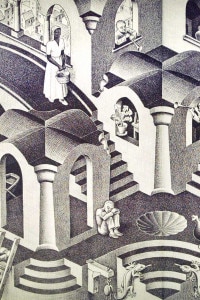 L'opera d'arte di Escher "Concavo e convesso" realizzata nel 1955, esposta al Museo Escher dell'Aia, Paesi Bassi.