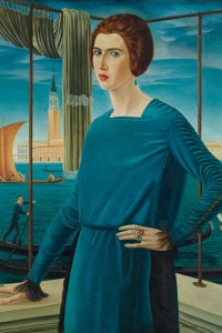 Ritratto della moglie sullo sfondo di Venezia, opera di Ubaldo Oppi